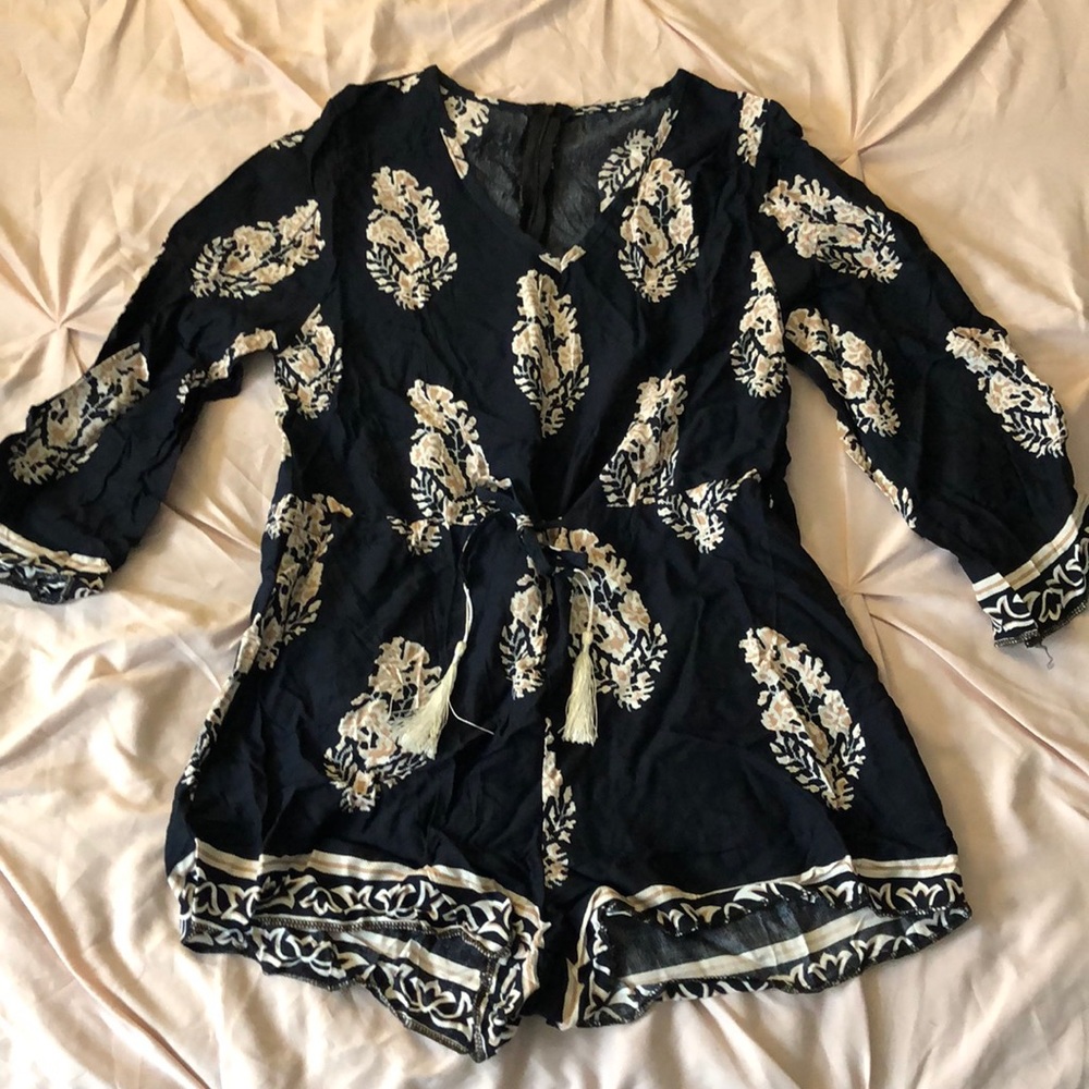 Navy blue and blush pink floral print romper